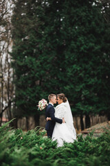 Romantic, fairytale, happy newlywed couple hugging and kissing in a park, trees in background