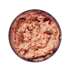 Pink cosmetic scrub jar. Natural sugar scrub texture. Skincare exfoliating product sample isolated on white background. Top view