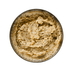 Brown sugar scrub jar. Skin exfoliation product isolated on white. Beauty spa natural treatment. Top view