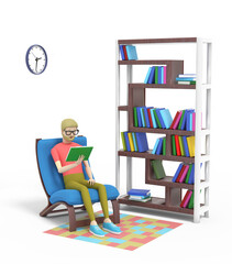 Man is sitting in an armchair next to the bookcase and reading a book. 3D illustration