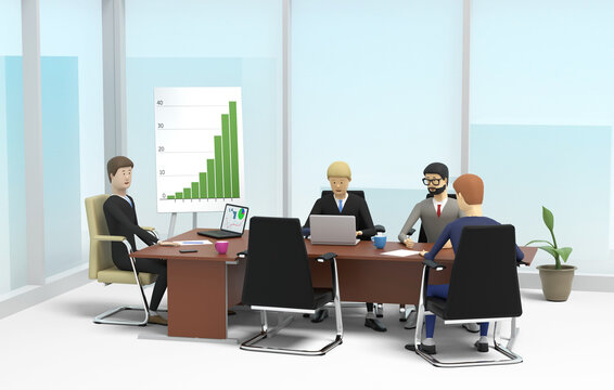 Chief of the company and subordinates at the business meeting in the office. 3D illustration