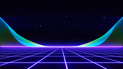 Fototapeta na wymiar Retro Sci-Fi Background Futuristic Grid landscape of the 80`s. Digital Cyber Surface. Suitable for design in the style of the 1980`s. 3D illustration