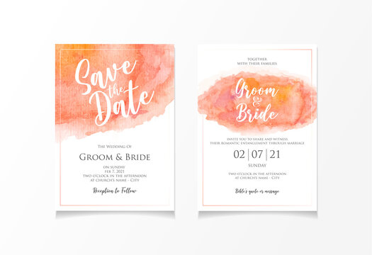 Peach orange color wedding invitation card template with watercolor style for save the date, invitation or greeting card. Vector design