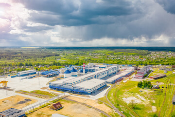 The largest coated corton factory. Modern production. Industrial facility in a small town among nature. Aerial view