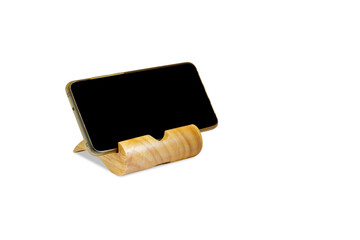 Phone holder or wood stand for smart phone on white background isolated image attach clipping path