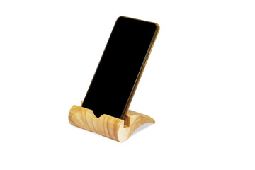 Phone holder or wood stand for smart phone on white background isolated image attach clipping path
