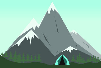 Landscape mountain illustration with tents.  Mountain nature summer background.  Image of Flat design illustration.