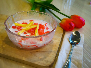 Thai Red Ruby in Coconut Milk desserts from Thailand, eat after the main meal in the summer, very tasty