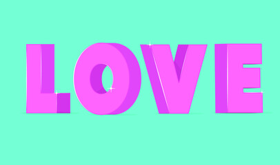 3d text LOVE. Vector text template for wallpaper or stylish print. 3d stylized pink letters on blue background