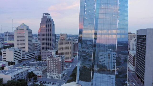 Aerial: Downtown San Antonio skyline at sunset. Texas, USA