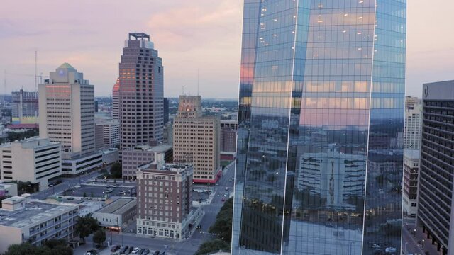 Aerial: Downtown San Antonio skyline at sunset. Texas, USA