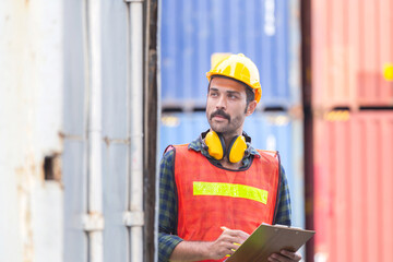 Worker man holding clipboard checklist and checking containers box from cargo