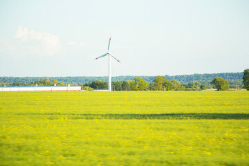 Wind engines. Energy. Beautiful meadow of yellow color. Farm.