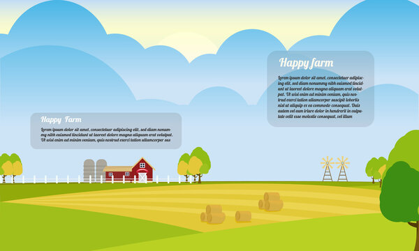 Flat vector cartoon style illustration country landscape. Farm background with barn and windmill