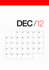 12 - December – Calendar 2021 Year, Diary Planner 2021, Personal Organizer 2021. Minimal Modern Calendar Design Layout