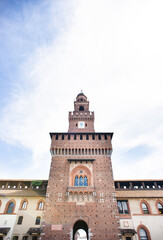 Fototapeta premium Sforza Castle. Filarete Tower. Blue Sky.
