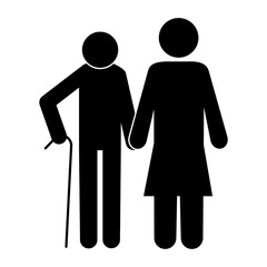 Badge of an old elderly man with a cane paired. Silhouette of grandfather with a stick and grandmother. Stock Photo. Happy Signor Pension.