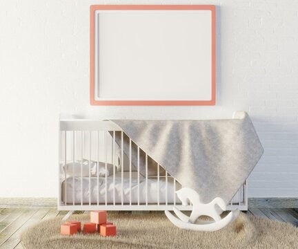 An empty frame on the wall above the crib. Template for photos and lettering Toys on the wooden floor. 3D rendering.