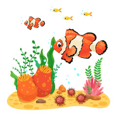Obraz na płótnie Canvas Small fish underwater with corals. Vector illustration.