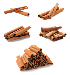 Aromatic cinnamon sticks on white background