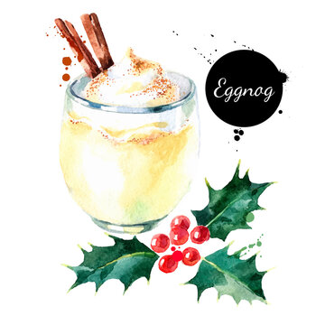 Watercolor hand drawn sketch Christmas cocktail Eggnog with cinnamon and holly berries. Vector isolated illustration on white background