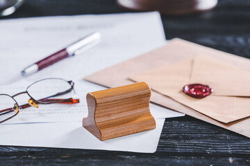 Stamp of notary public on table, closeup