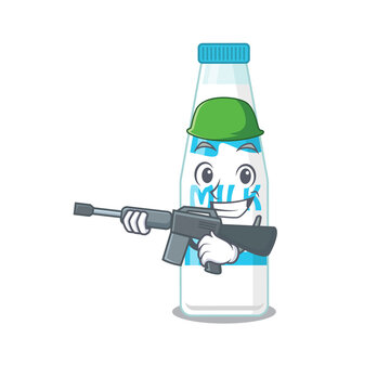 A cartoon picture of Army bottle of milk holding machine gun