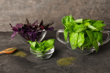 Fresh basil on grey  background