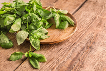 Plate with fresh green basil on wooden background