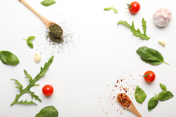 Composition with basil, tomatoes and spices on white background