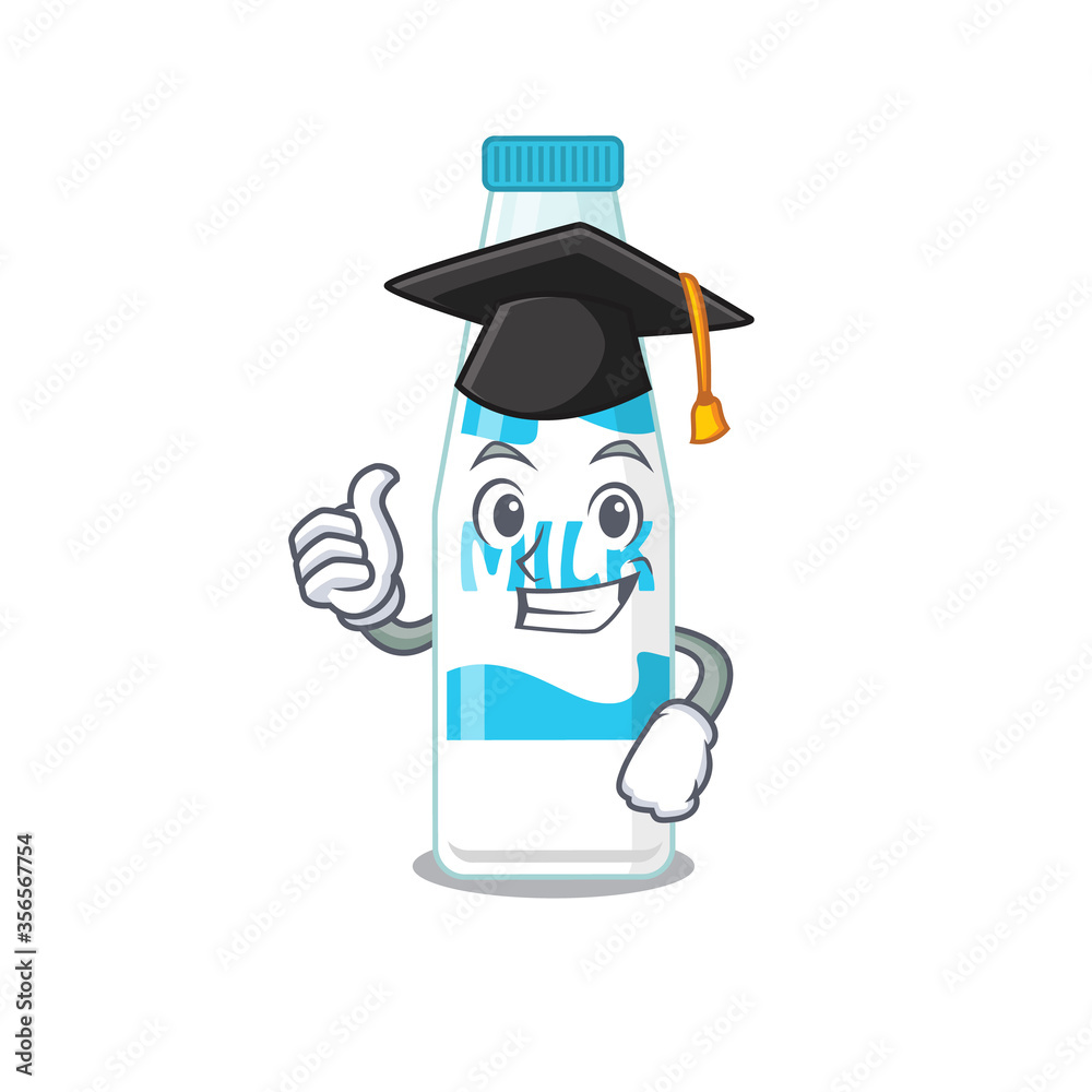 Sticker happy proud of bottle of milk caricature design with hat for graduation ceremony