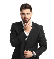 Handsome man with stylish hairdo on white background