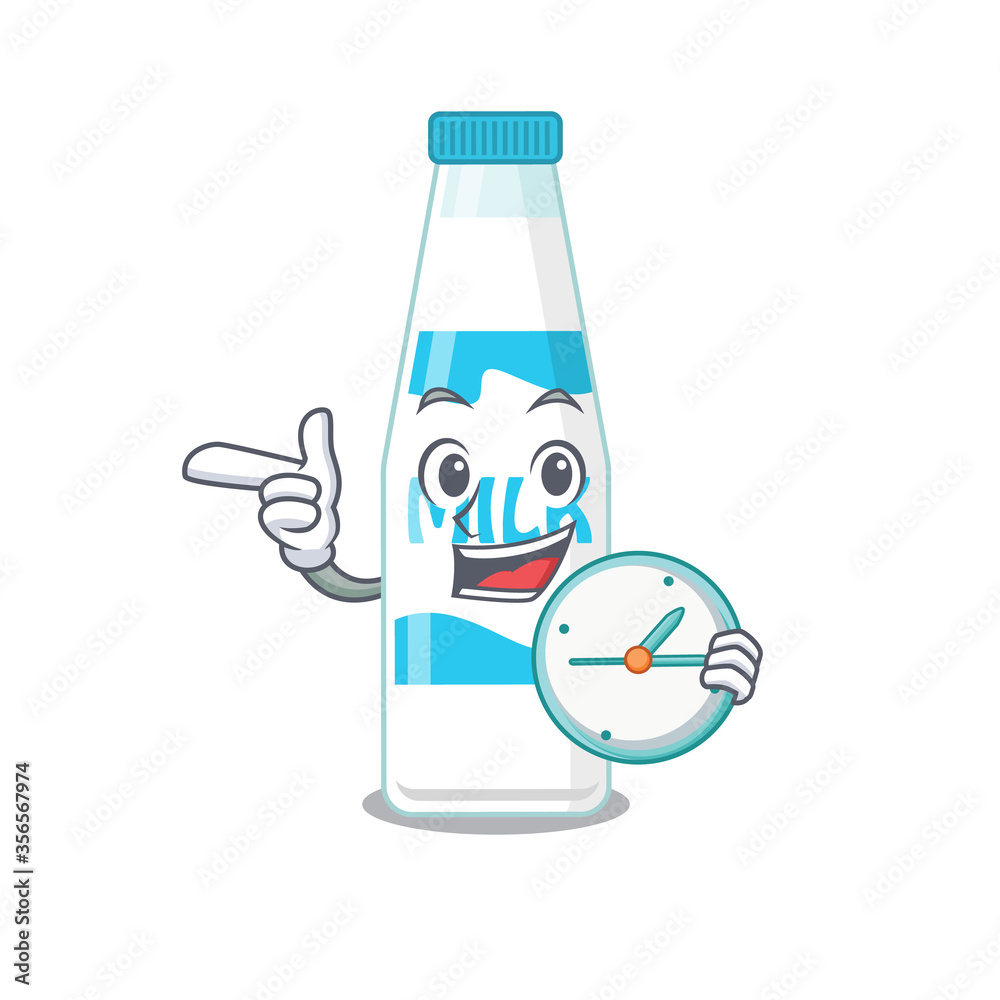 Canvas Prints mascot design style of bottle of milk standing with holding a clock