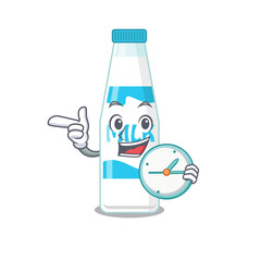 mascot design style of bottle of milk standing with holding a clock