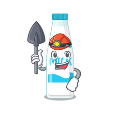 A cartoon picture of bottle of milk miner with tool and helmet