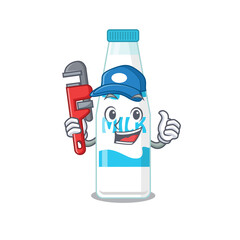 cartoon character design of bottle of milk as a Plumber with tool
