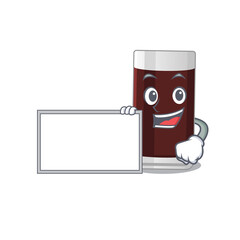Cartoon character design of glass of chocolate holding a board