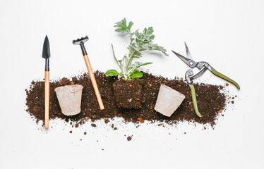 Set of gardening supplies with plant and soil on white background