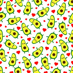 Seamless pattern with avocado and hearts. Vector flat illustration.