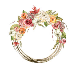 Hand painted watercolor autumn wreath of branches with  pumpkins, yellow leaves, red flowers, berries. Set perfect for fabric textile, vintage paper, wedding invitation or scrapbooking