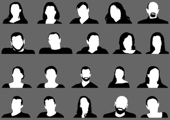 Avatar Profile Picture Icon Set Including Male and Female on Gray Background - 20 Different Isolated Illustrations, Vector