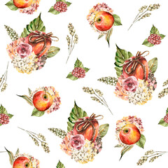 Hand painted watercolor autumn pattern of red flowers, apples, leaves, berries, branches. Pattern perfect for fabric textile, vintage paper, scrapbooking