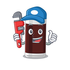 cartoon character design of glass of chocolate as a Plumber with tool