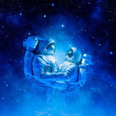Romance under the stars / 3D illustration of male and female astronaut couple embracing in outer space © grandeduc