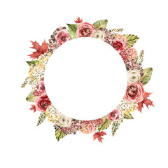 Hand painted watercolor autumn frame with  pumpkins, yellow leaves, red flowers, berries, branches, apples. Set perfect for fabric textile, vintage paper, wedding invitation or scrapbooking