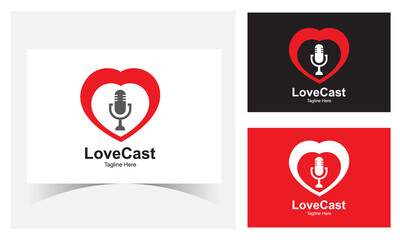 love cast mic logo Design Template-Podcast station. Logo template with a retro microphone. Design element for logo, label, emblem, sign.