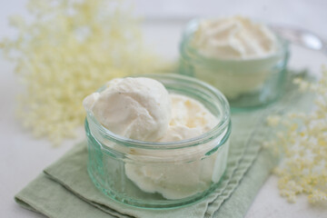 homemade elderberry blossom ice cream ball with fresh elderflowers