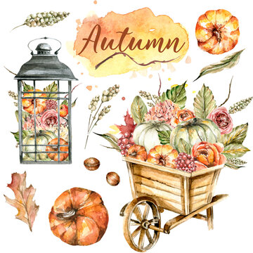 Hand painted watercolor autumn set with wooden cart and lantern with pumpkins, yellow leaves, orange flowers, berries, branches. Set perfect for fabric textile, vintage paper, scrapbooking