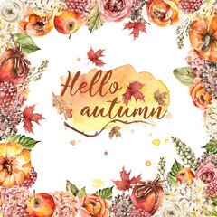 Fototapeta premium Hand painted watercolor autumn frame with pumpkins, yellow leaves, red flowers, berries, branches, apples. Set perfect for fabric textile, vintage paper, wedding invitation or scrapbooking