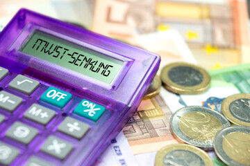 Euro Geldscheine, Taschenrechner und Mehrwertsteuer Senkung